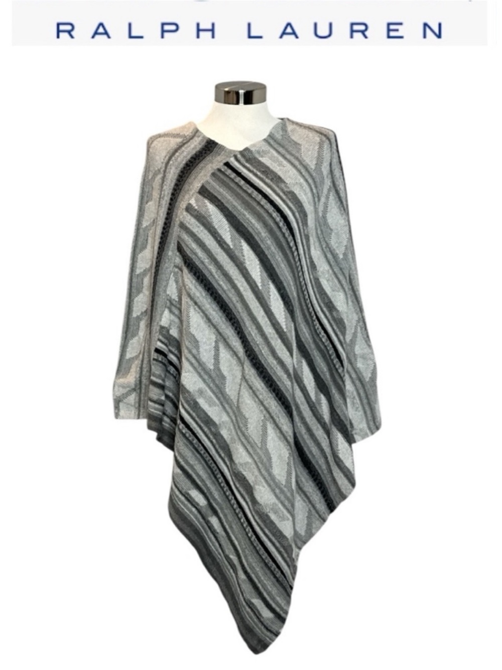 LAUREN RALPH LAUREN GRAY OMBRÉ COTTON LINEN ASYMMETRICAL KNIT PONCHO ONE SIZE